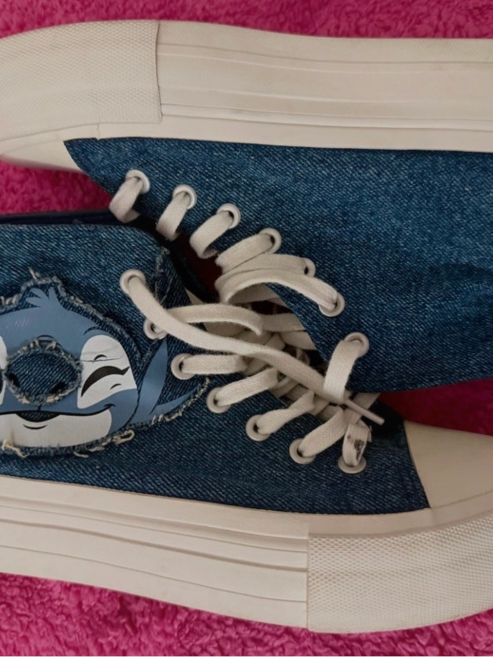 Denim Platform Sneakers with Cartoon Patch - White Laces